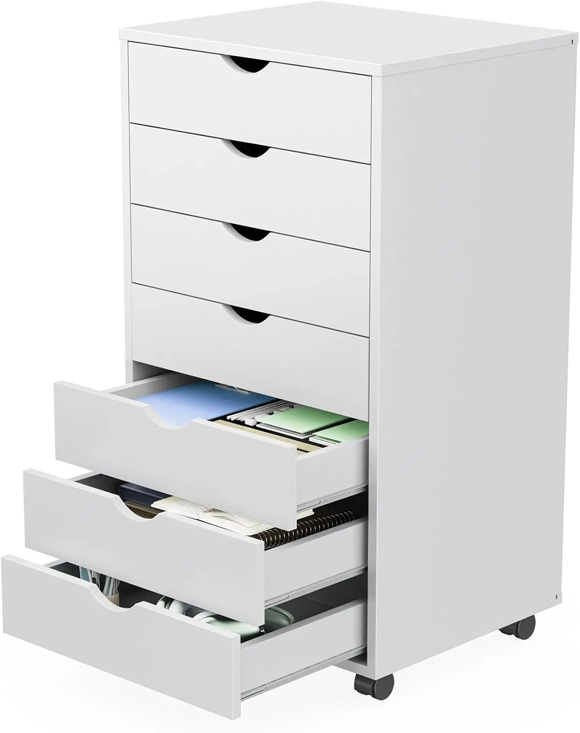 7 Drawer Rolling Storage Cabinet, Wood Under Desk Mobile Dresser with Wheels, Small Organizer Chest for Home Office, Bedroom, Living Room, Compact Vertical Storage Furniture Unit, White
