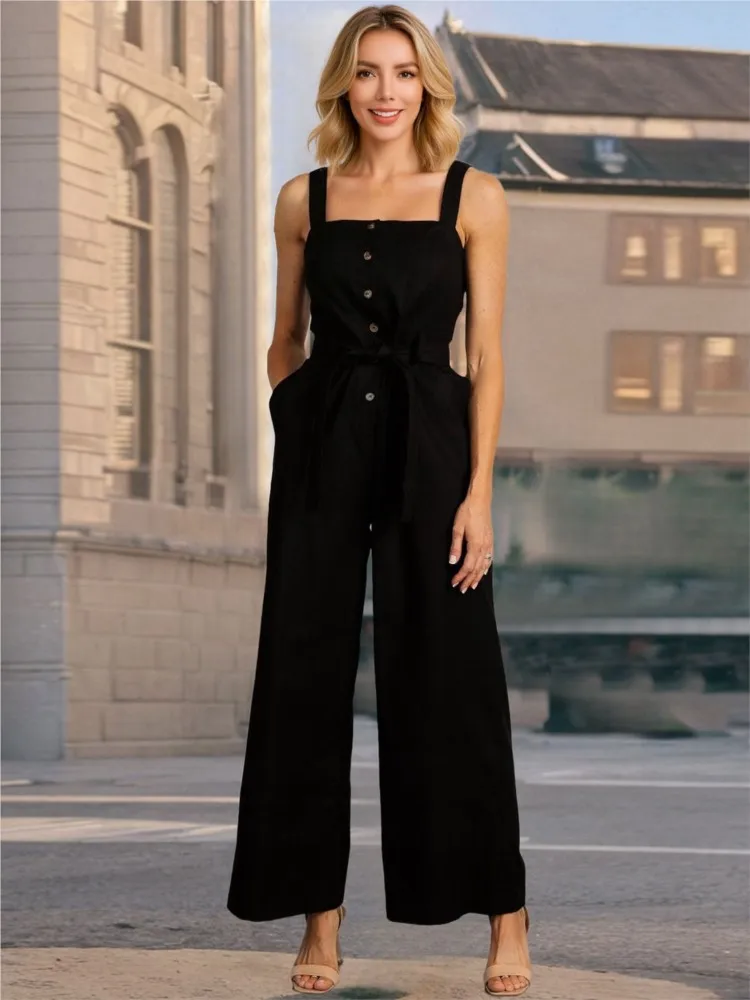 Elegant Plus Size Women's Jumpsuit Loose Sleeveless High Waist Belted Bib Overalls Wide Leg Casual Office Daily Romper Summer