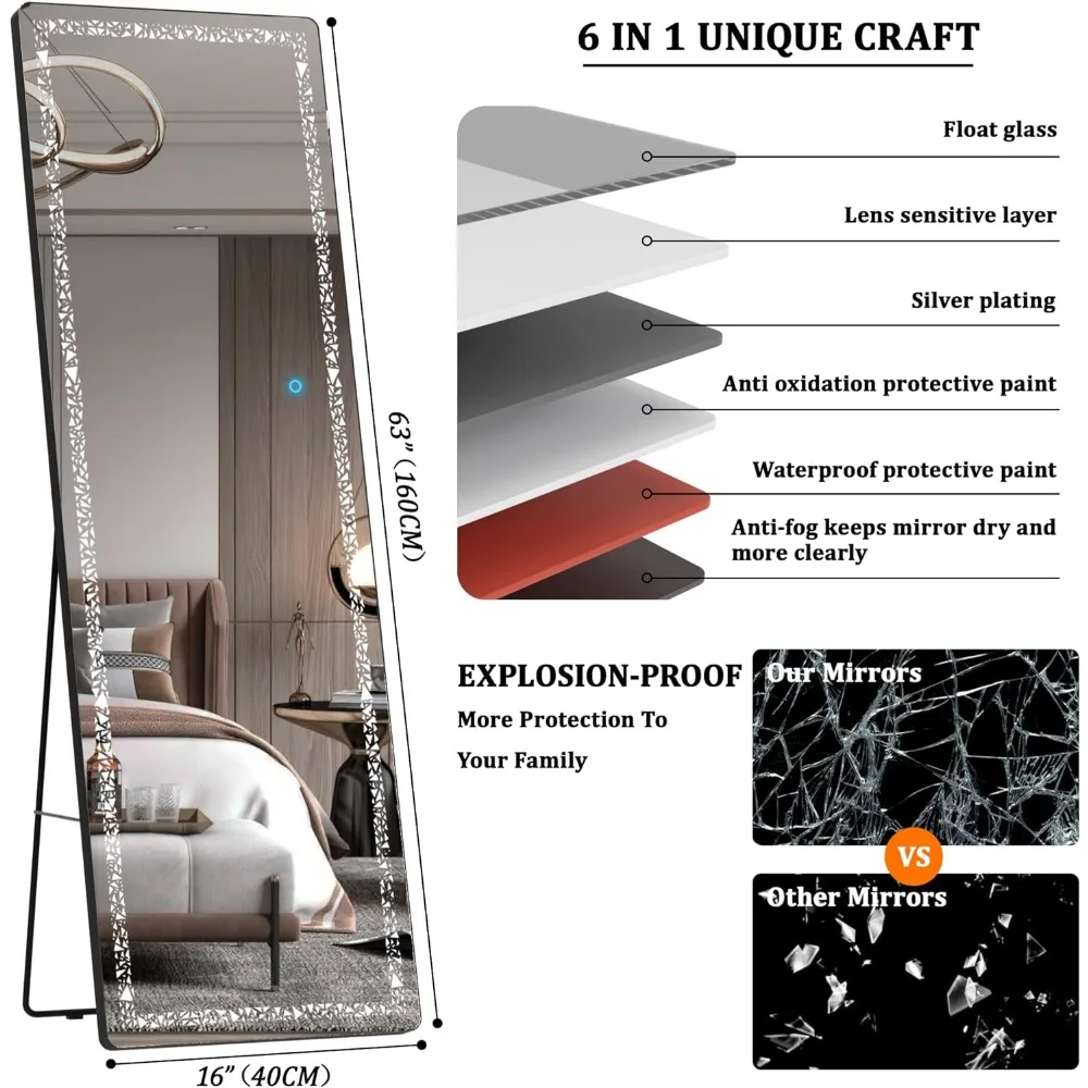 Hasipu 63" x 16" Full Length Mirror with LED Lights, Full Body Mirror with Triangle Pattern Light, LED Free Standing Floor