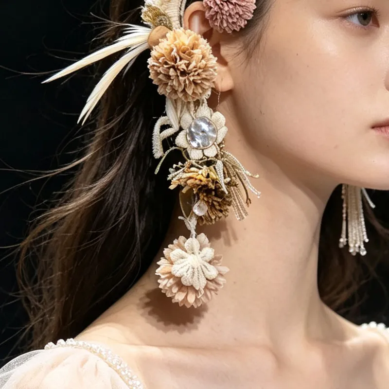 Linen flower super fairy-like flowing tassel earrings without ear holes, exaggerated party decoration mask, Halloween