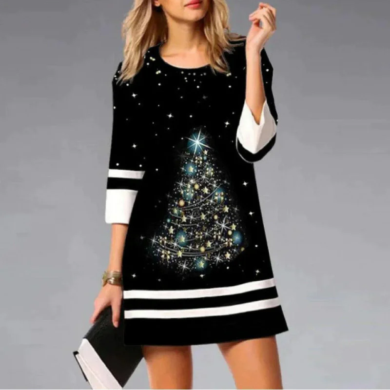 Elegant Fashion Cartoon Christmas Deer Pattern Women Mini Dresses Autumn Winter Long Sleeve 3D Print Christmas Street Lady Dress