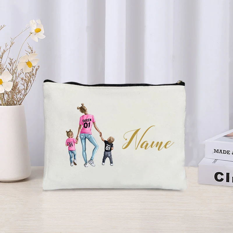 Bolsa de maquiagem personalizada com nome de família, saco cosmético, lápis bonito, WC armazenamento sacos, mãe, filha, filho Clutch