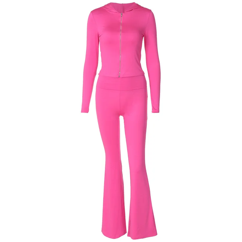 Casual Dames 2-delige set Klassieke trainingspakken Effen Lange mouwen Zip-up Kap Tops + Slanke elastische broek Sportieve beknopte outfits