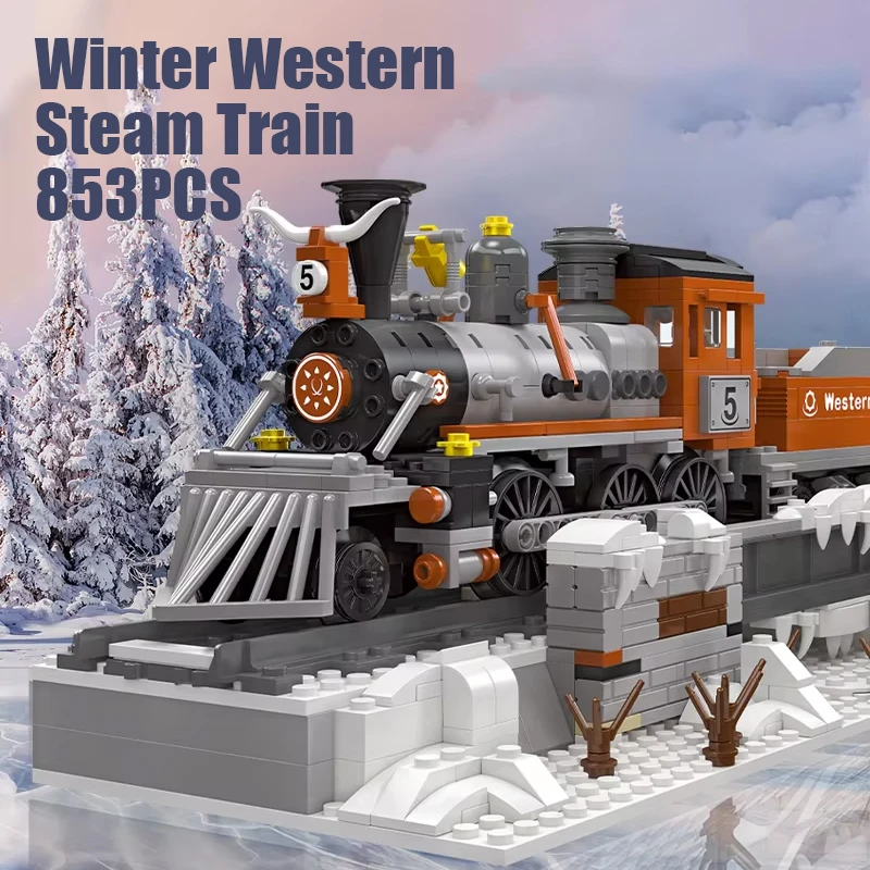 

853PCS Winter Western Steam Train Building Blocks City Construction Railway Model DIY Assembly Bricks Toys Christmas Gifts