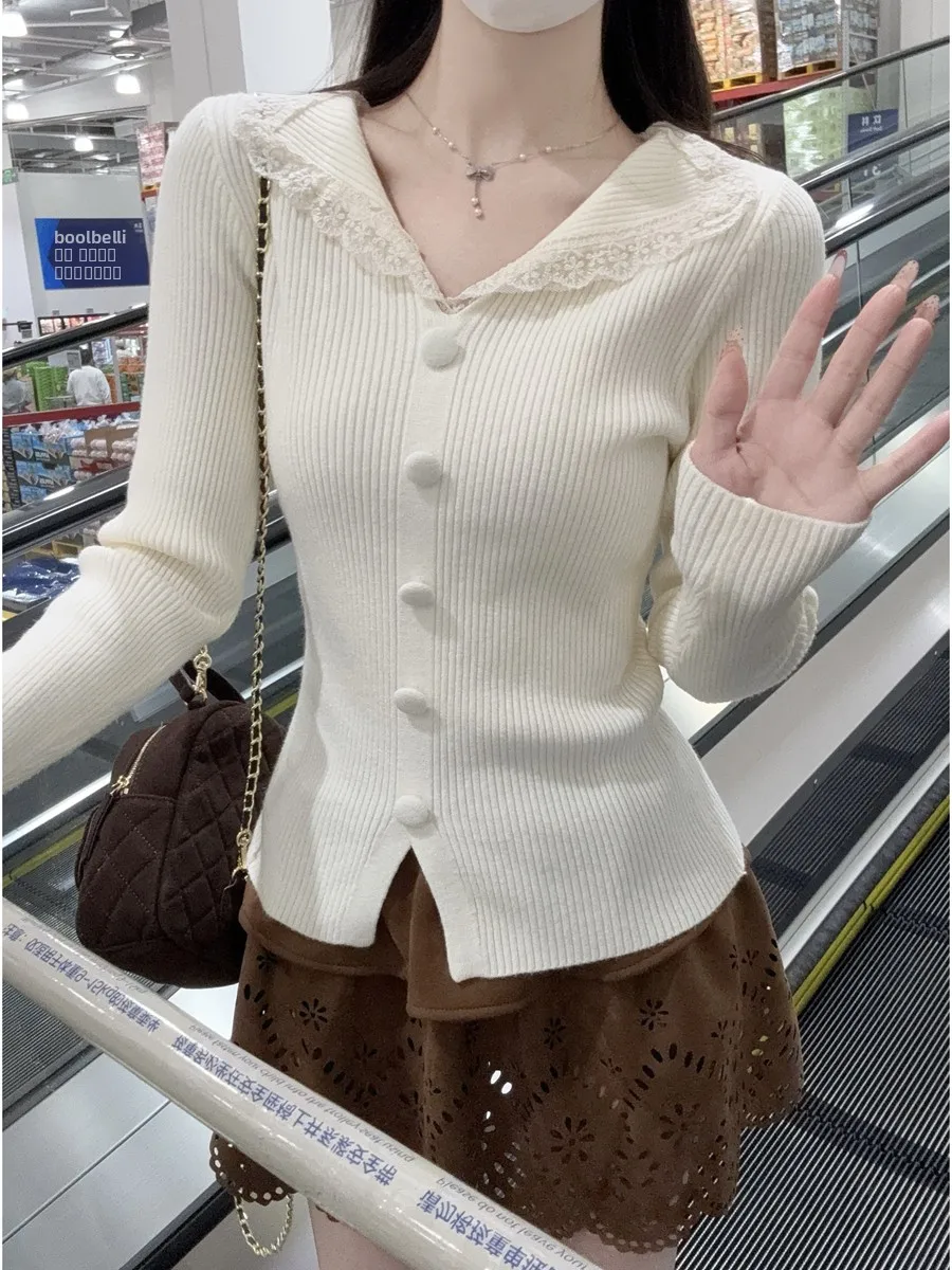 

Korean Sle Long Sve Knitted Base irt Women's Sweet Youthful Button Design Lace f Collar Sweater Commute Suitable