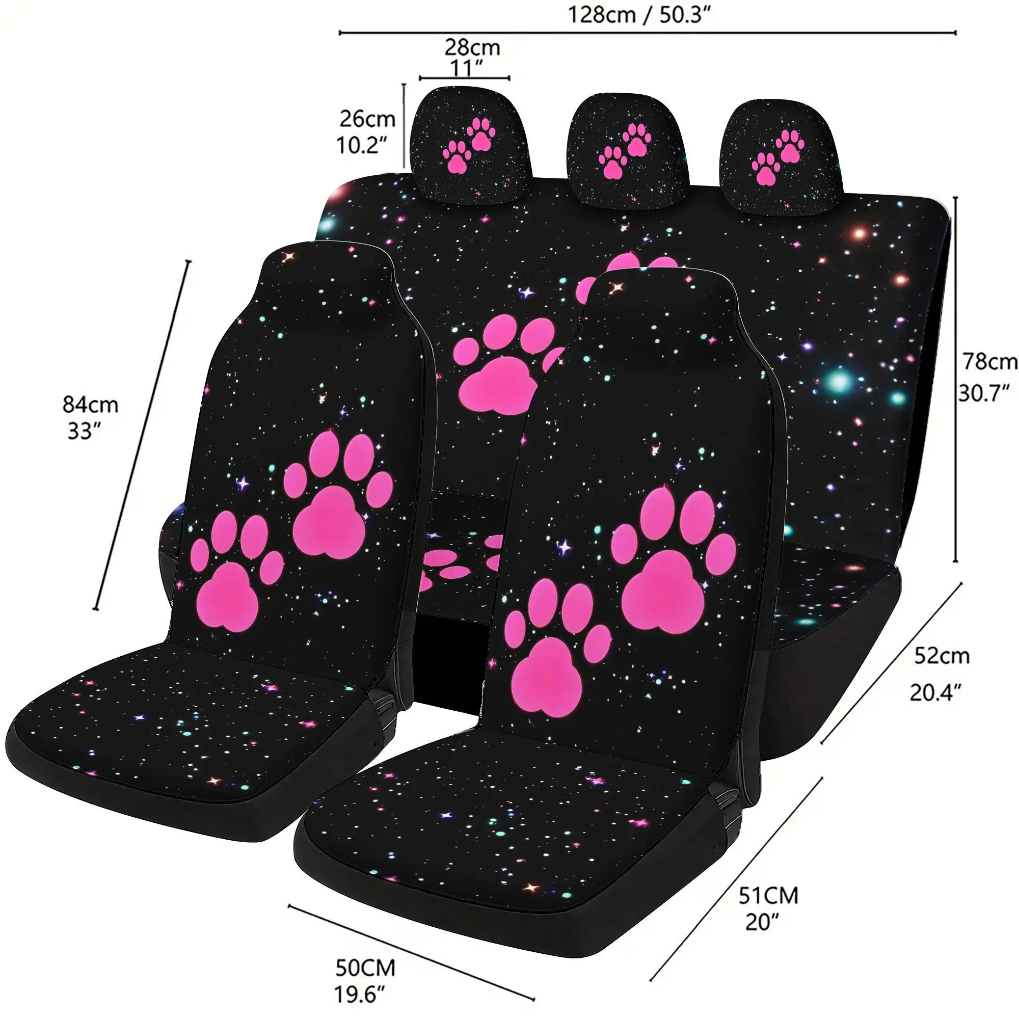 Set Of Car Seat Covers Featuring A Puppy Paw Print Design - 7pcs, Which Includes 2 Front Seat Covers, 1 Rear Seat Back Cover, 1