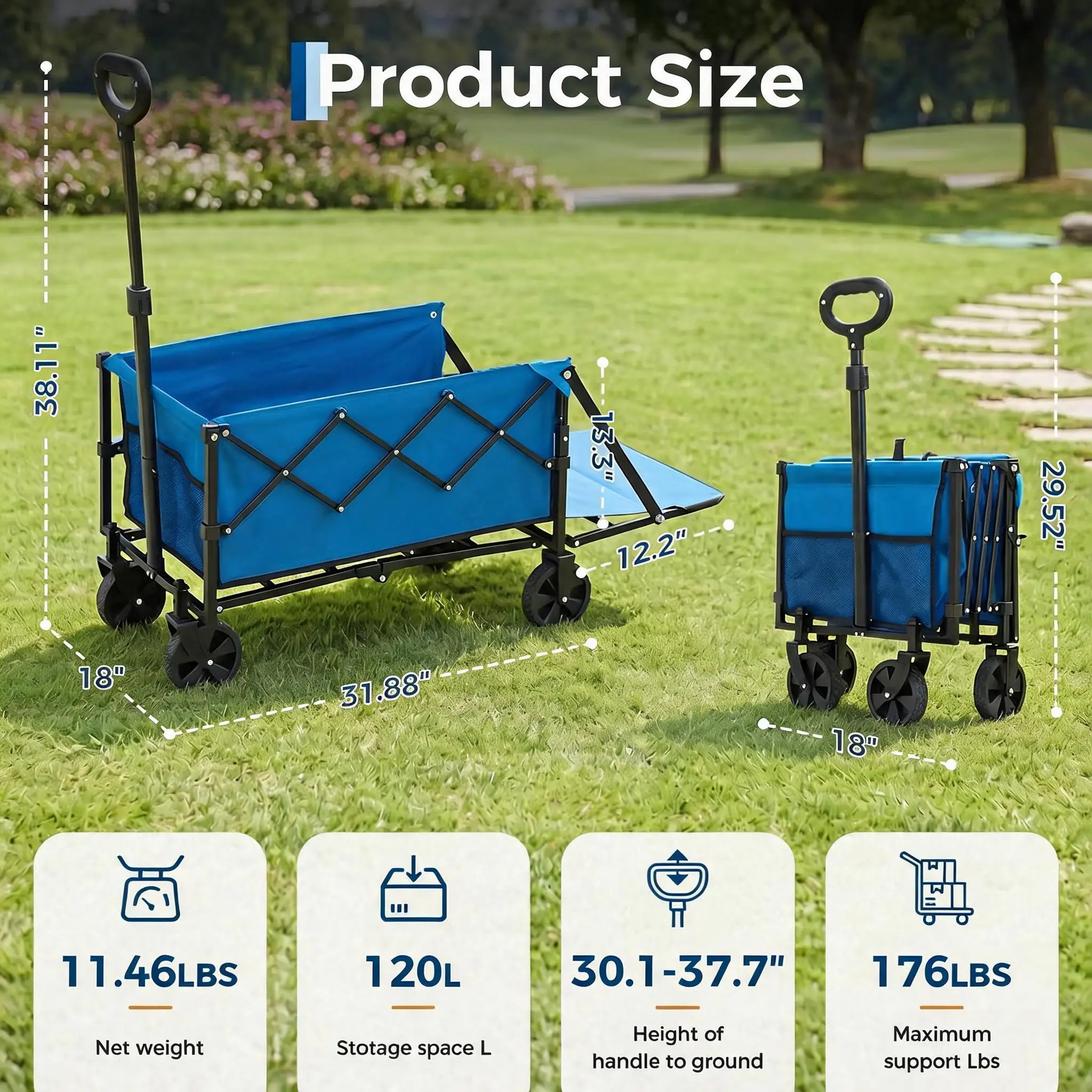 Collapsible Folding Garden Utility Cart Heavy Duty Wagon Double Bearing Wheels 220lb 120L Storage for Groceries Camping Beach