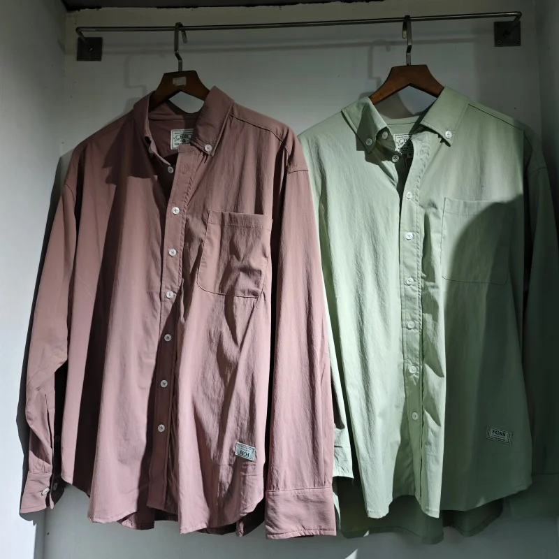 

Мужская повседневная рубашка в стиле ретро, американская винтажная рубашка с длинным рукавом, свободная посадка, сплошной цвет, простая классическая офисная повседневная одежда