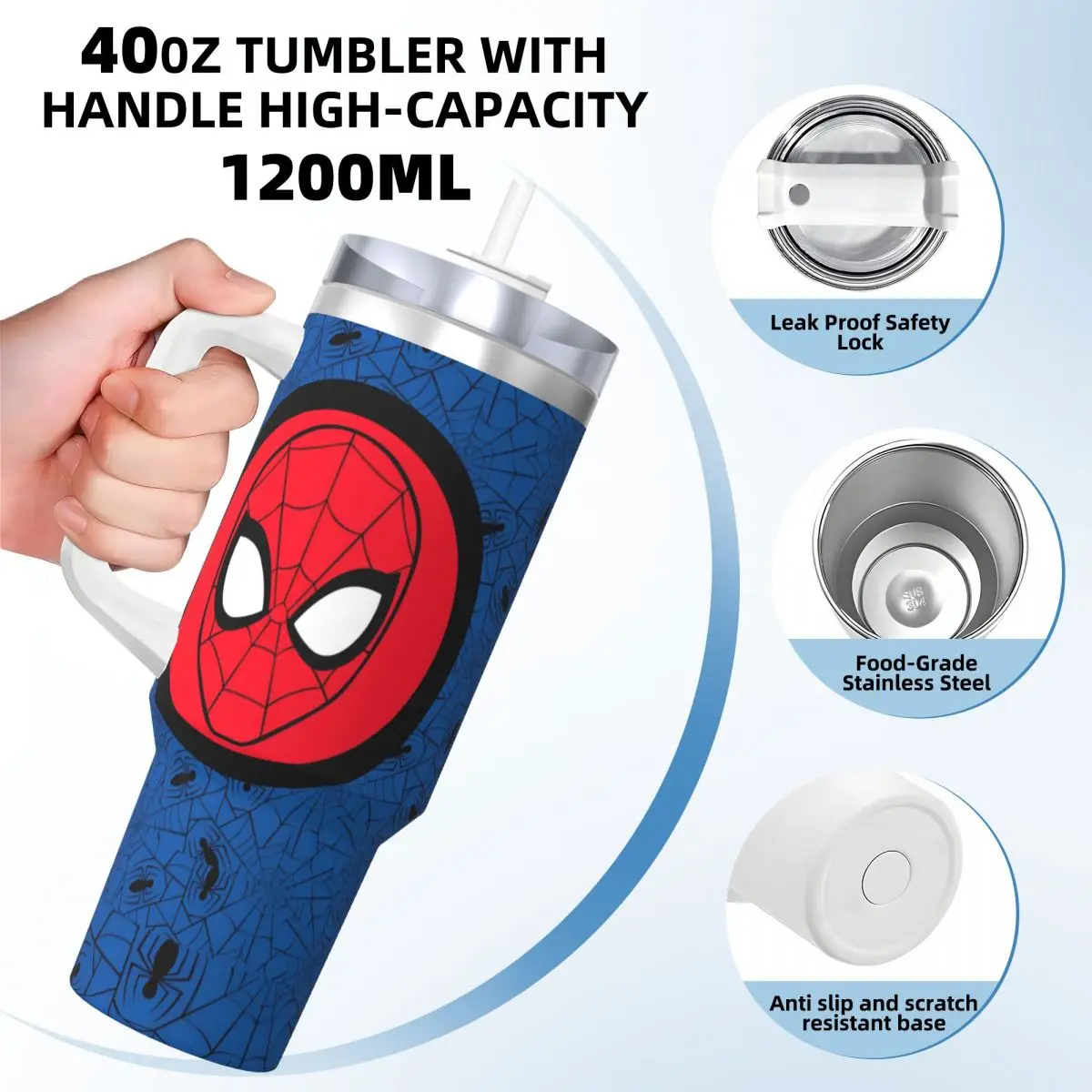 Spider Man Head Logo Tumbler Cold Drink Water Bottle Portable Stainless Steel Coffee Mug Printed Travel Mugs Cup