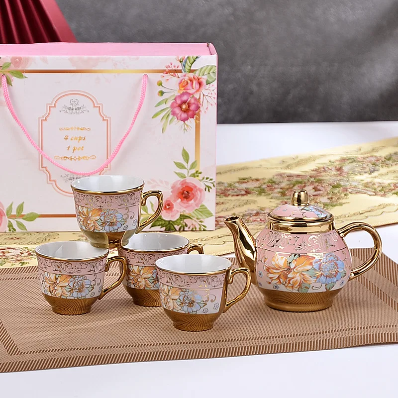European Style Plated Ceramic Tea Set Gold Coffee Cup Plate Sales Gift Ceramic Cup Pot Set LOO Creative Pattern Short Sleeve