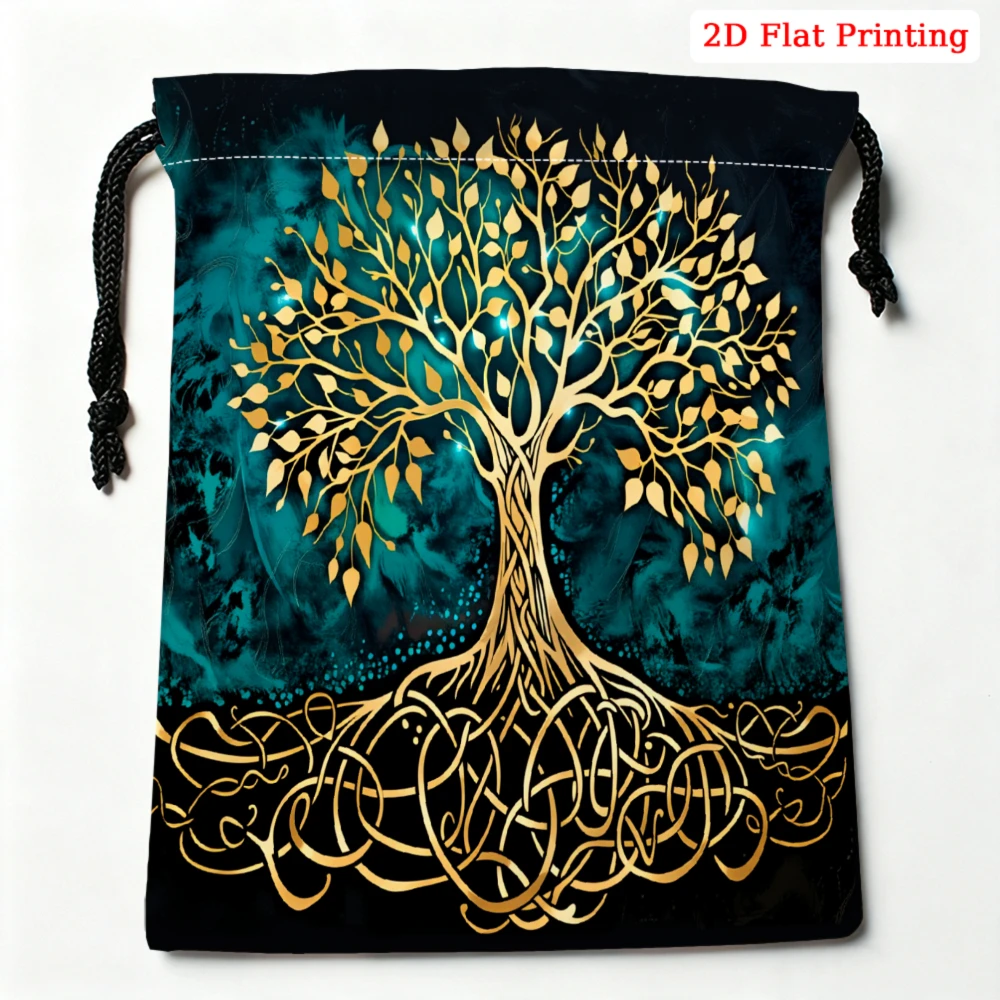 1Pc Celtic Tree Of Life Drawstring Bag Teal Gold 2D Flat Printing Storage Small Pouch For Glasses Jewelry Cosmetics Travel Organ