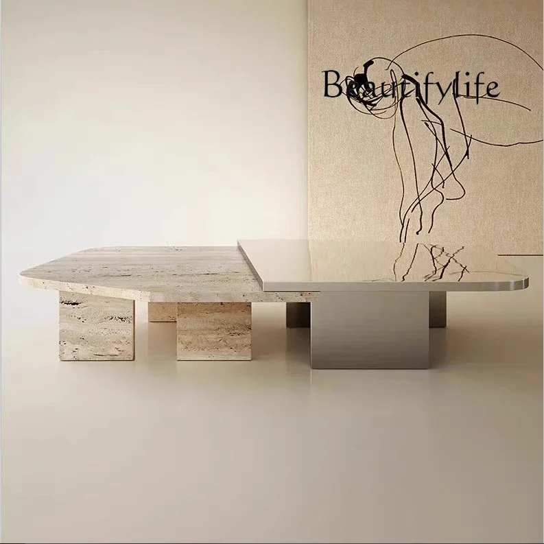 

M Medieval Coffee Table Combination Industrial Wabi Wind Natural Travertine Stainless Steel Coffee Table Italian Minimalist