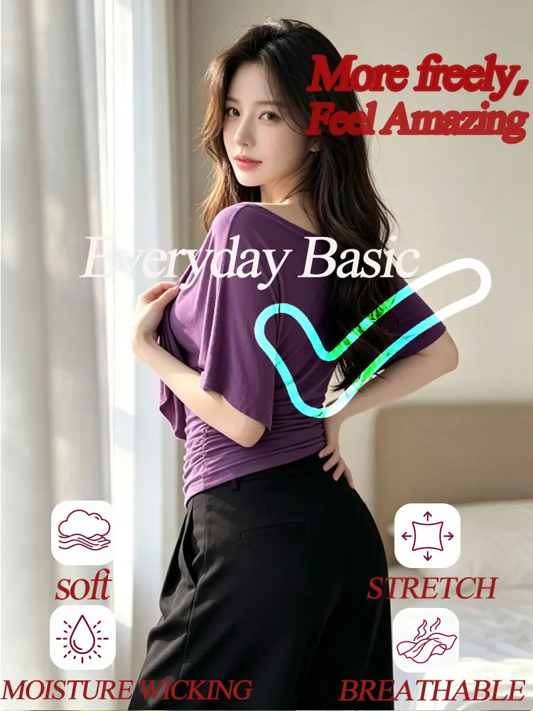 2026 New Women's Sexy Summer Off Shoulder Tops, Elegant Batwing Short Sleeve Cowl Neck T-shirt, Korean Chic Fitted Lady Tees