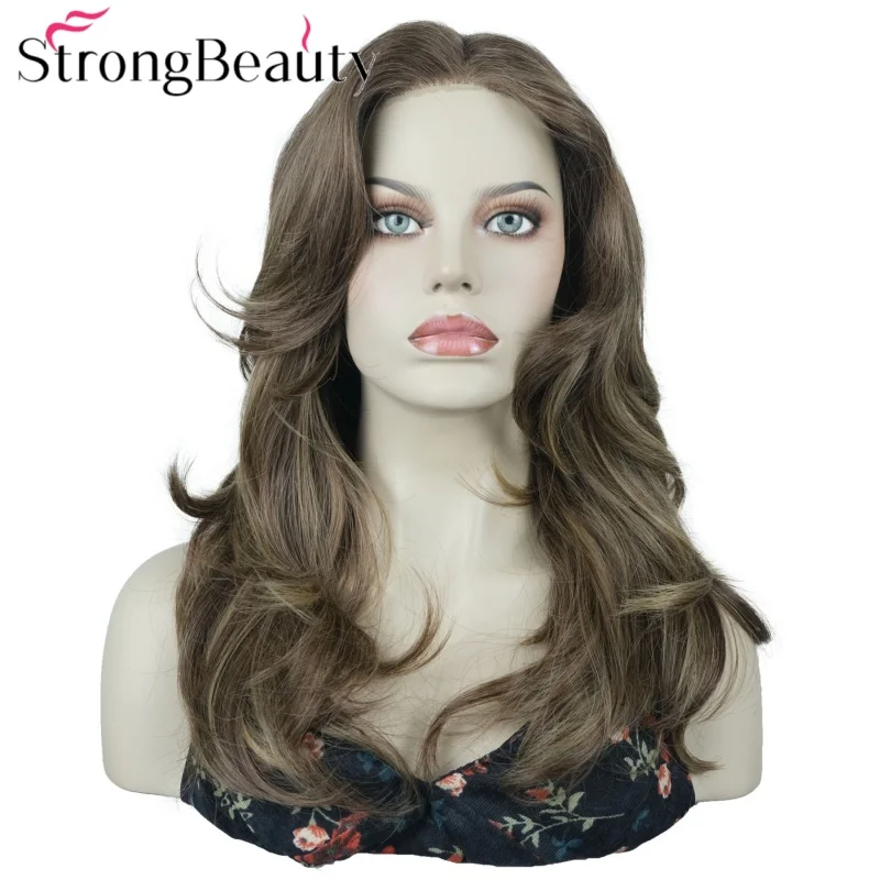 StrongBeauty Synthetic Lace Front Wig Brown Balayage Highlight Middle Part Loose Wave Medium Wavy Hair Wigs