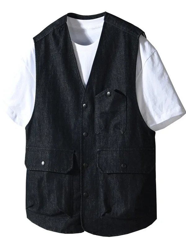 

Мужской повседневный жилет в стиле ретро, осенне-зимний, из денима оригинального цвета, модный дизайн рабочей одежды, с наплечниками, V-образный вырез, полиэстер...