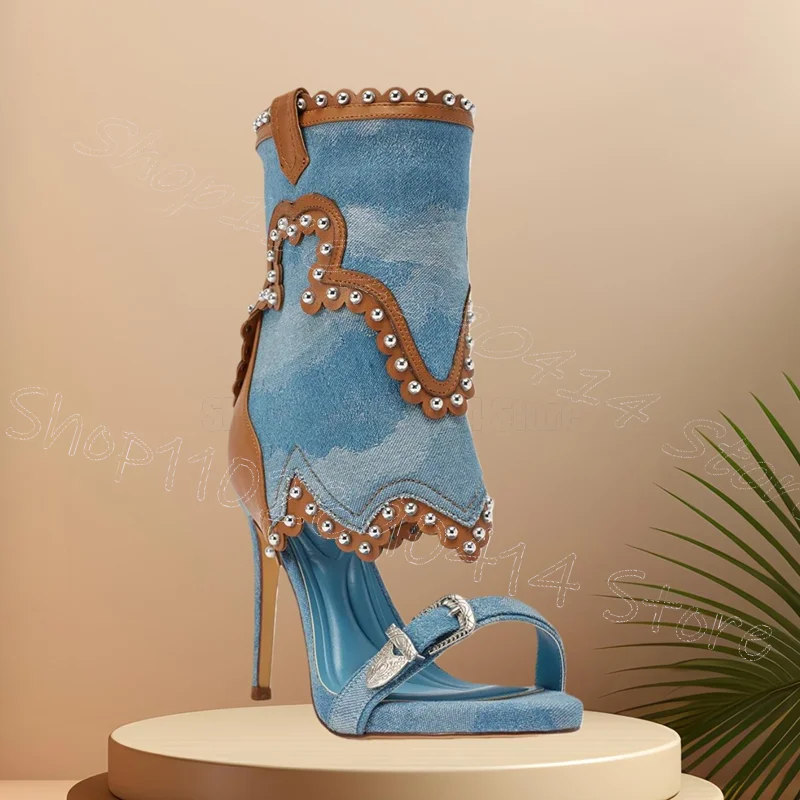 

Blue Denim Rivets Buckle Open Toe Sandals Boots Back Zipper Women Shoes Thin High Heels Party Banquet 2026 Zapatos Para Mujere