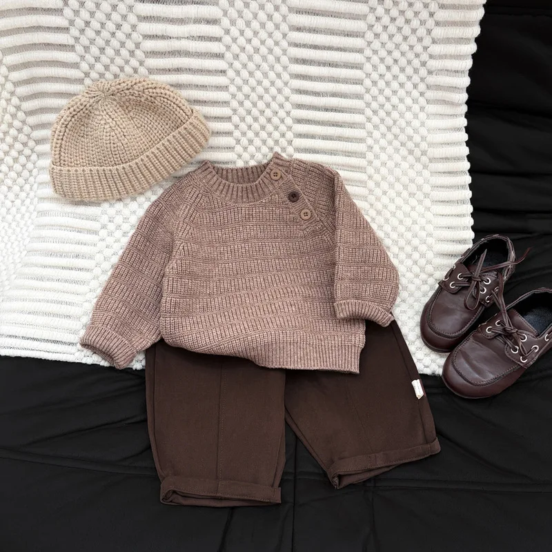 2026 Autumn New Baby Vintage Pullover Sweater Cotton Girls Long Sleeve Knitted Tops Boys Casual Knitwear Kids Clothes