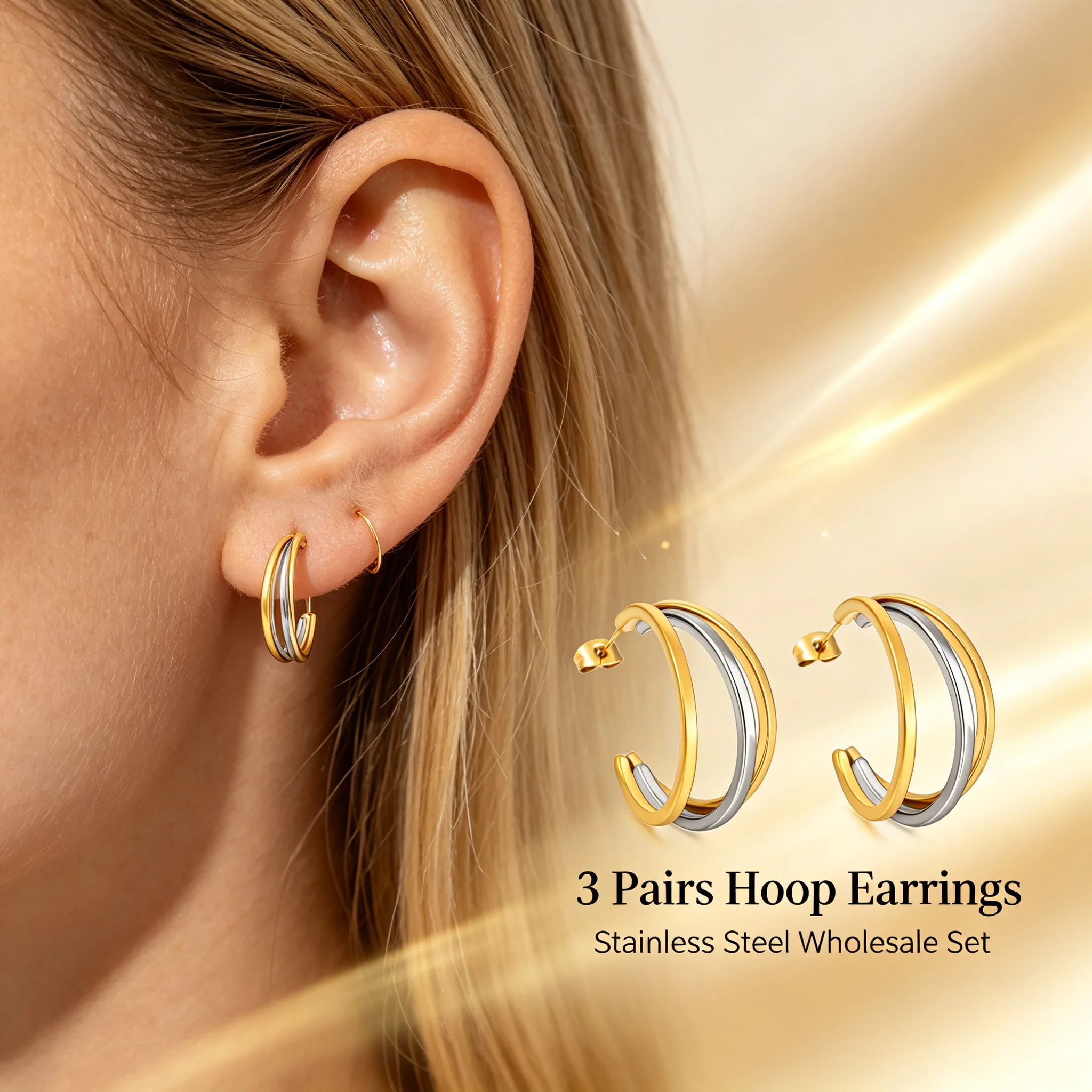 3 Pairs Stainless Steel Two‑Tone Intertwined Hoop Earrings Set, Wholesale Multi‑Layer C‑Shape Small Hoops for Women Men Fashion