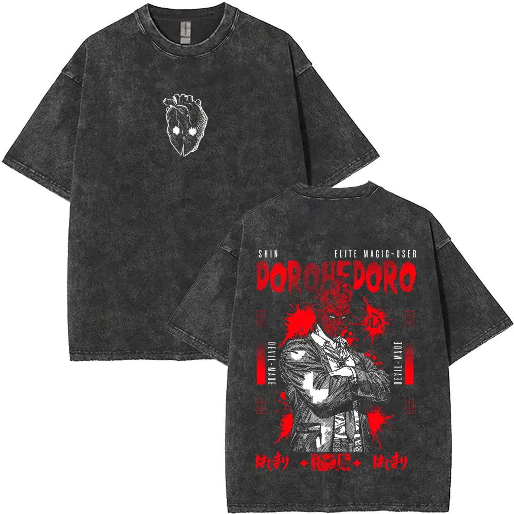 Anime Dorohedoro Kaiman Vintage Washed T-shirt Men Women Cool Manga Rock T-shirts Gothic Horror Tee Shirt Oversized Streetwear