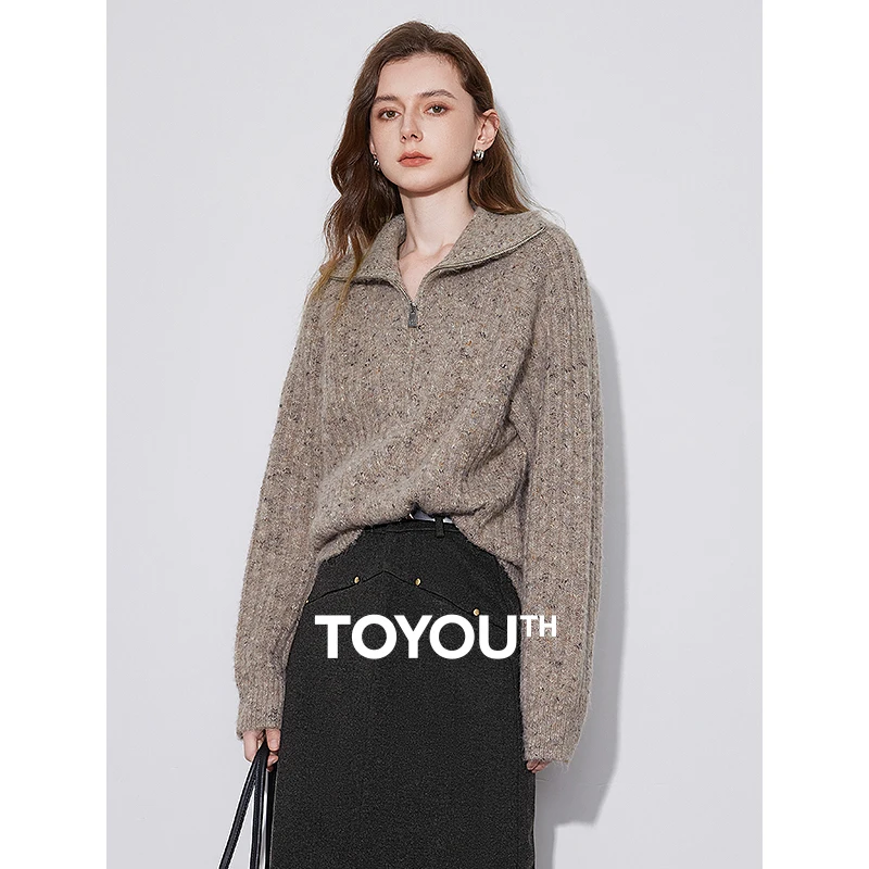 TOYOUTH Women Sweater 2024 Autumn Winter New Sheep Wool Zipper POLO Collar Thicking Warm Pullover Tops