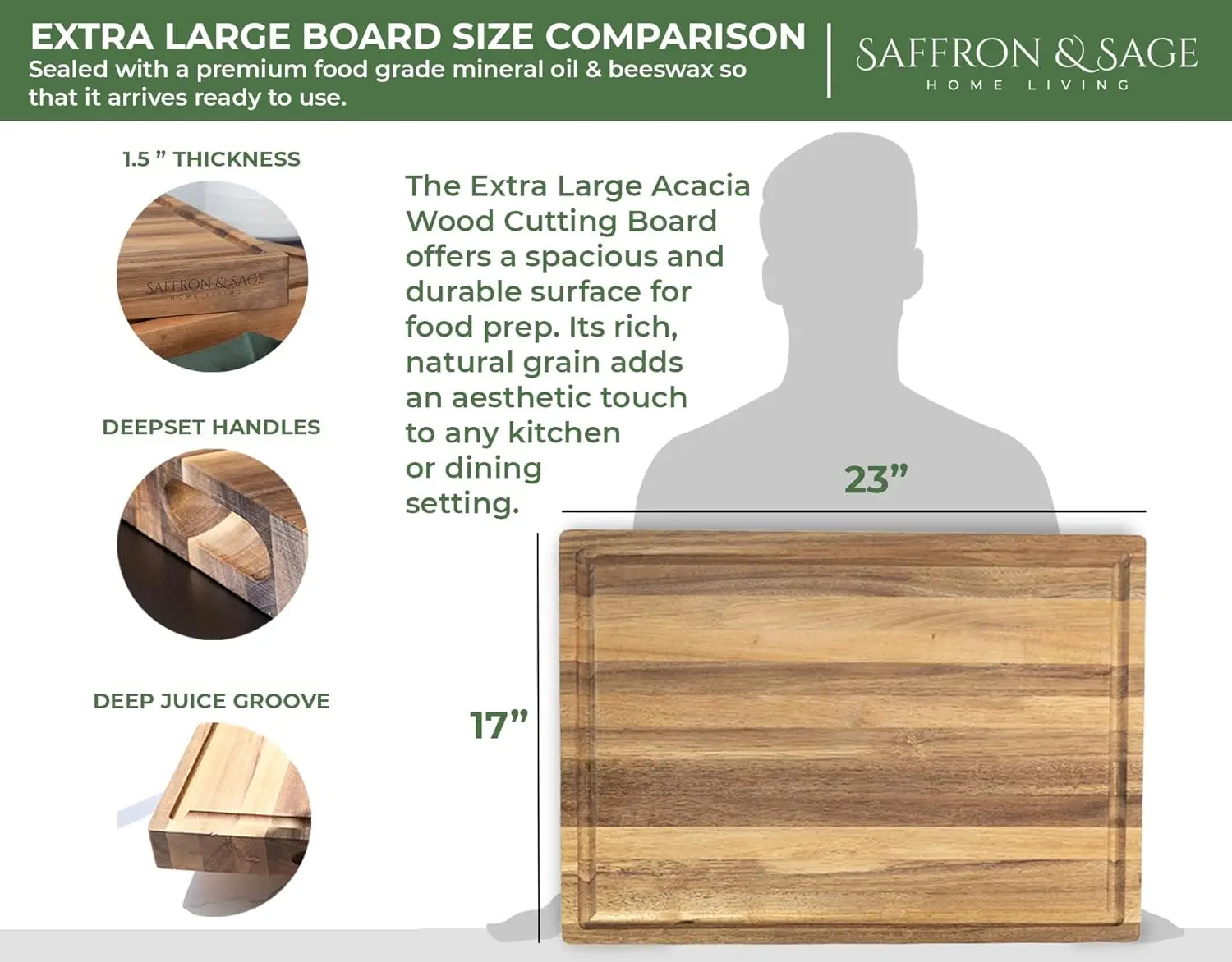Tábua de corte extra grande de madeira de acácia 23x17x1,5 polegadas com ranhura de suco, reversível para cozinha e servir