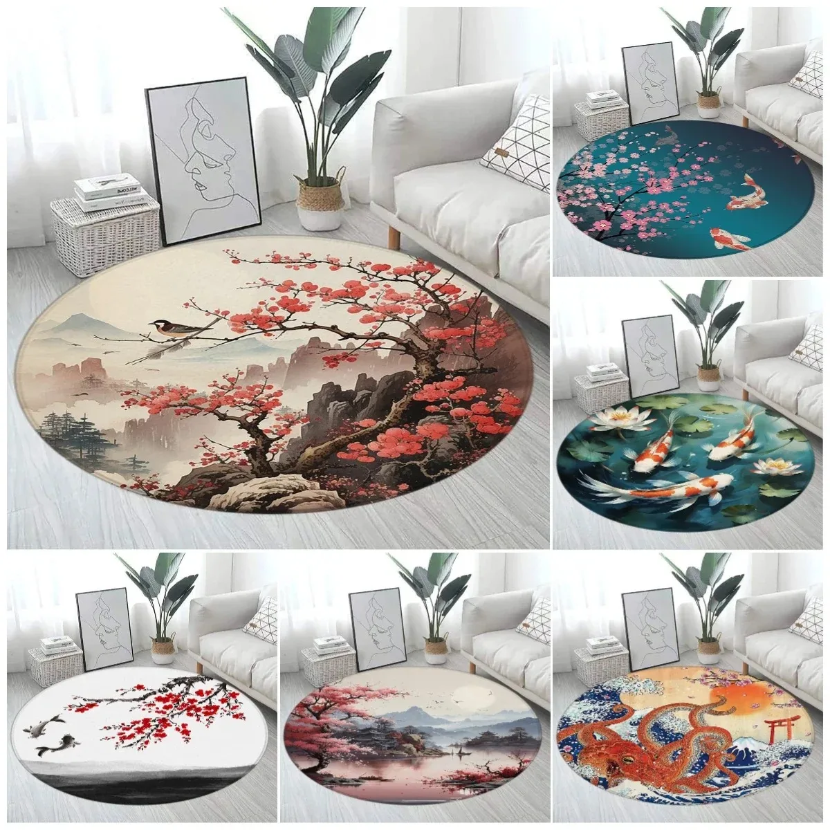 Runder Teppich im japanischen Stil, Tinte, Kunststil, Wohnzimmer, dekorative Matte, Bodenmatte, Berglandschaft, Kirschblüte, andere Elemente