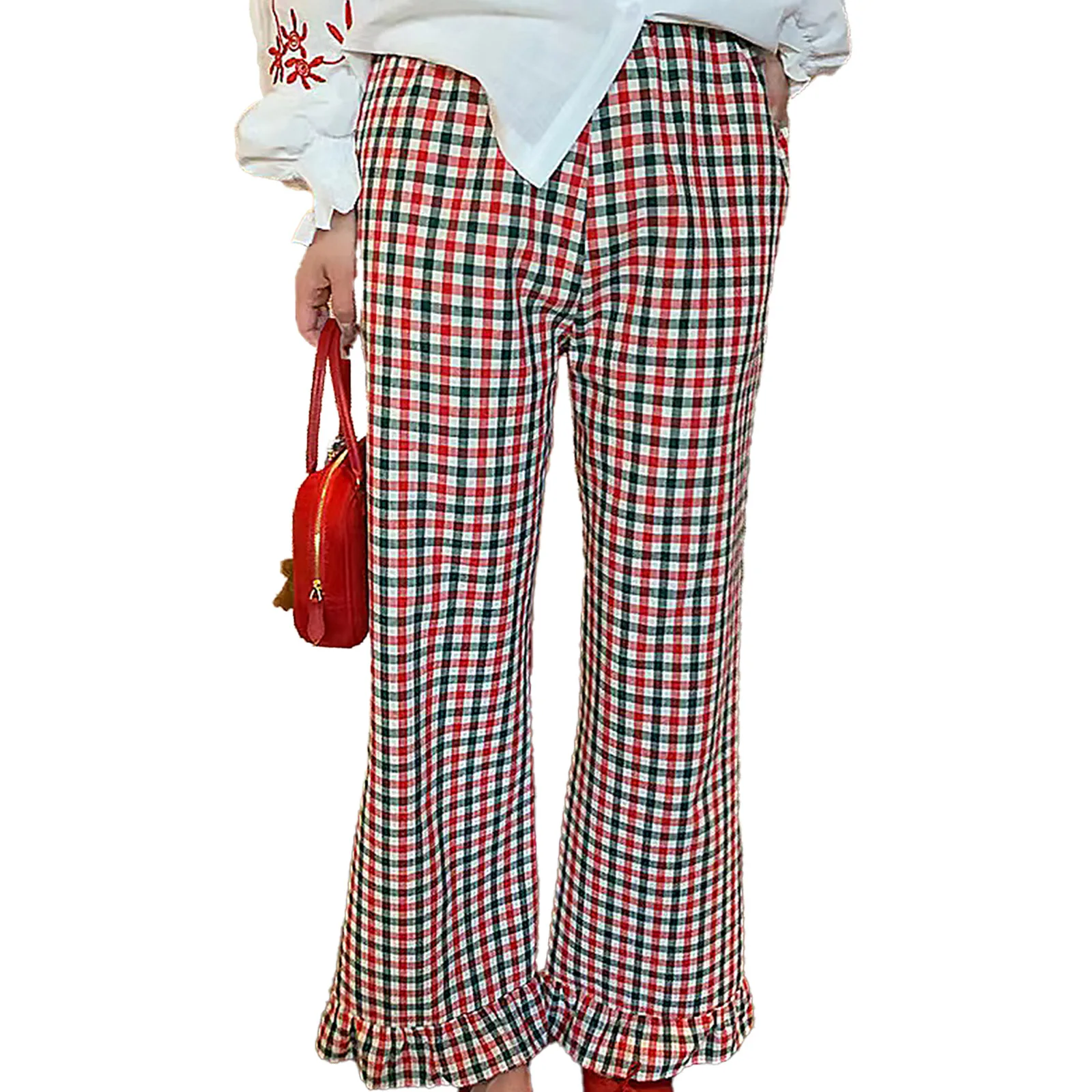 격자 무늬 9점 바지 여성 2025 여름 루즈핏 게으른 대비 하이웨이스트 캐주얼 루즈 9점 바지