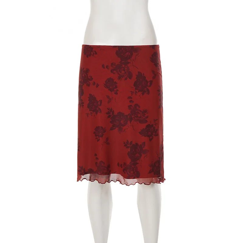 Retro Floral Digital Print Low Waist Lightweight Double Layer Mesh Skirt Temperament Hip Hugging Women Daily Vacation Skirt