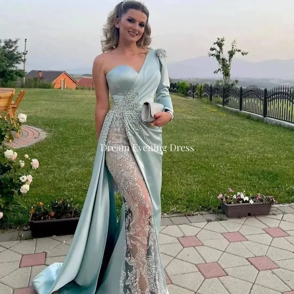 Light Green Mermaid One Shoulder Sleeve Decal Sequin Beaded Evening Dresses Lace Satin Formal Occasion Prom Dress Robe De Soirée