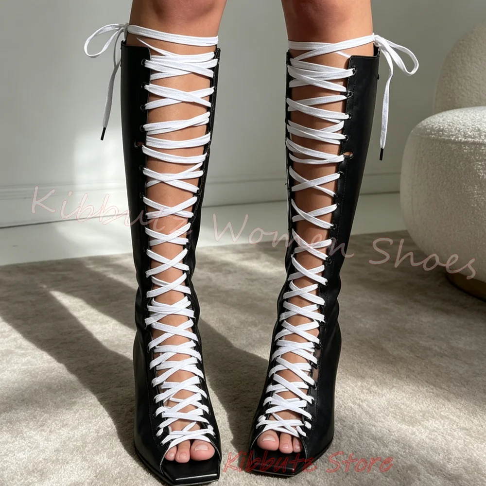Knee High Boot Sandals Cross Lace Up Block Heel Open Toe Summer Party Beach Leather Solid Color Fashion Show Elegant Novelty New