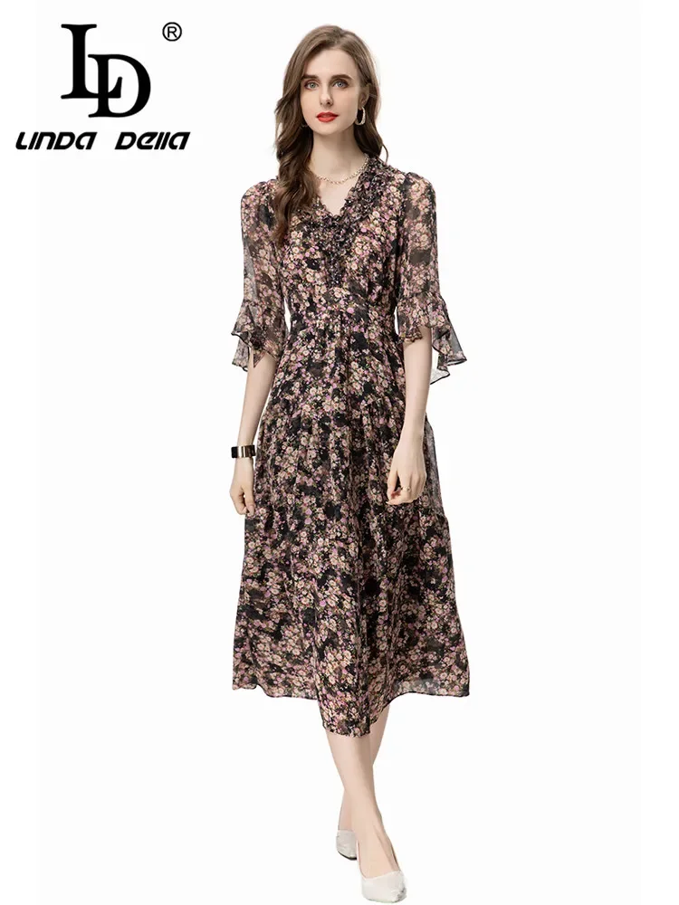 

LD LINDA DELLA 2024 Summer Fashion Dress Women Vintage Small Floral Print Beading Ruffles Lantern Sleeve Medium length Dresses