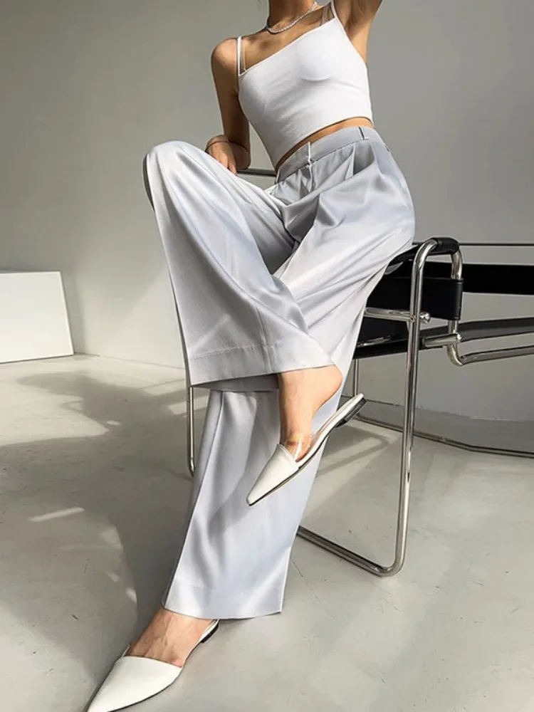 

Women's Satin Finish Real Silk Loose Wide Pants, Slight Strech Fashion, Spring and Autumn Suit Trousers, New