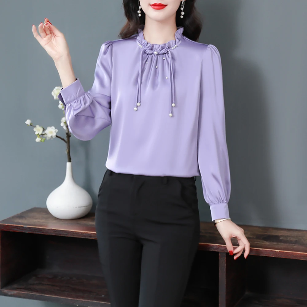 Ladies Sweet Purple Pink Blouse Office Work Shirts Women Casual Tops Long Sleeve Pullover Shirts Fashion Women Blouses 2024