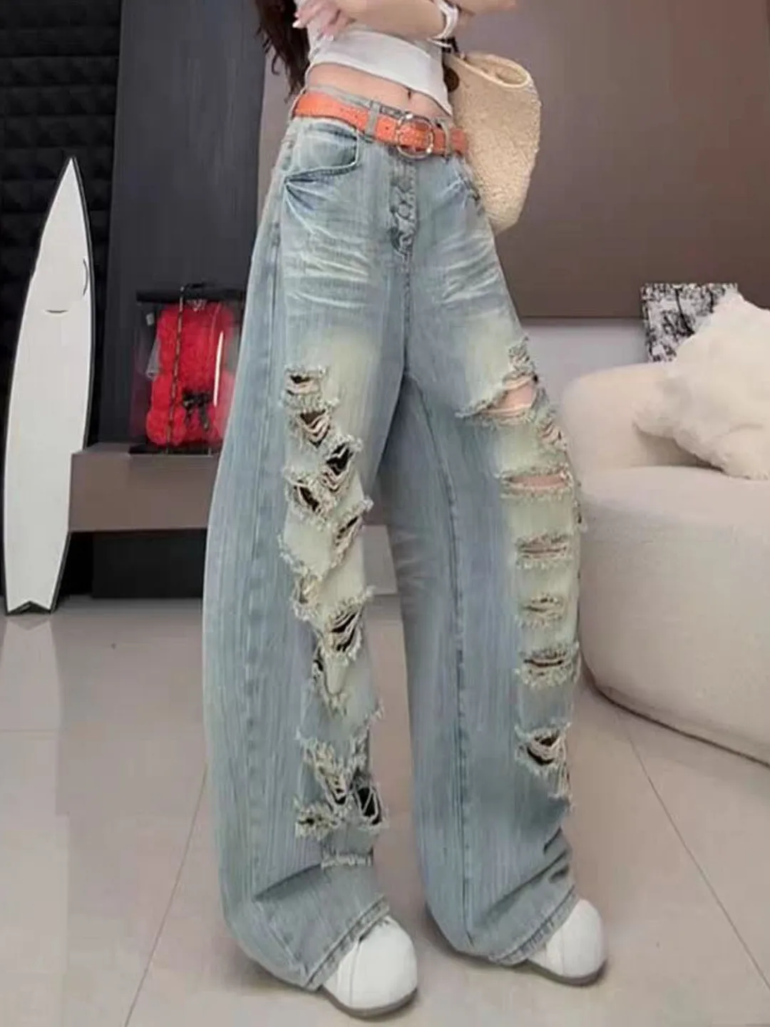 

American High Street Style Women's High Waist Straight Leg Jeans Loose Drapey Wide Leg Pants Long Trousers Casual Commute Style