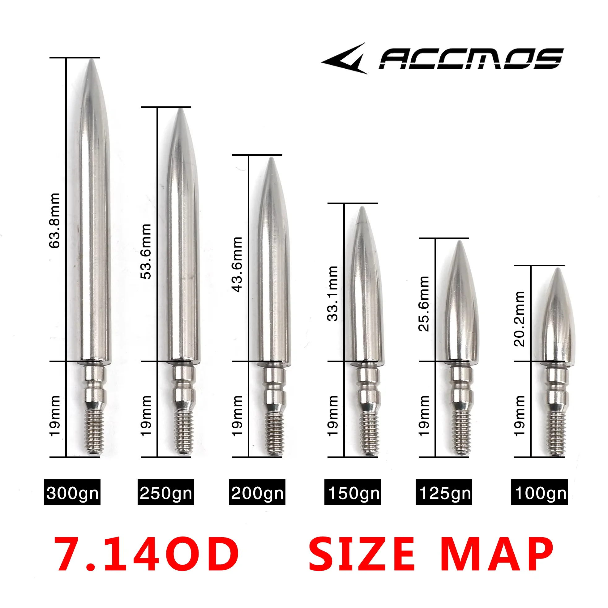 Description Picture 4 of item12PC Archery Stainless Steel Bullet Point Tip 100/125/150/200/250/300grain OD7.14/7.54/7.93mm Arrow Shaft Screw Thread Arrowhead
