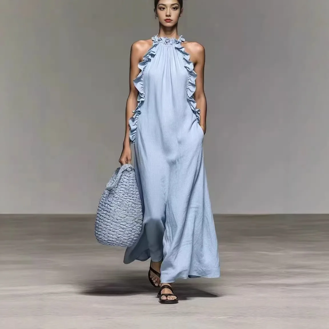 Halterneck mouwloze jurk met ruches Zomer dames effen kleur casual losse lange jurk met zakken Платье Женское Ropa Mujer