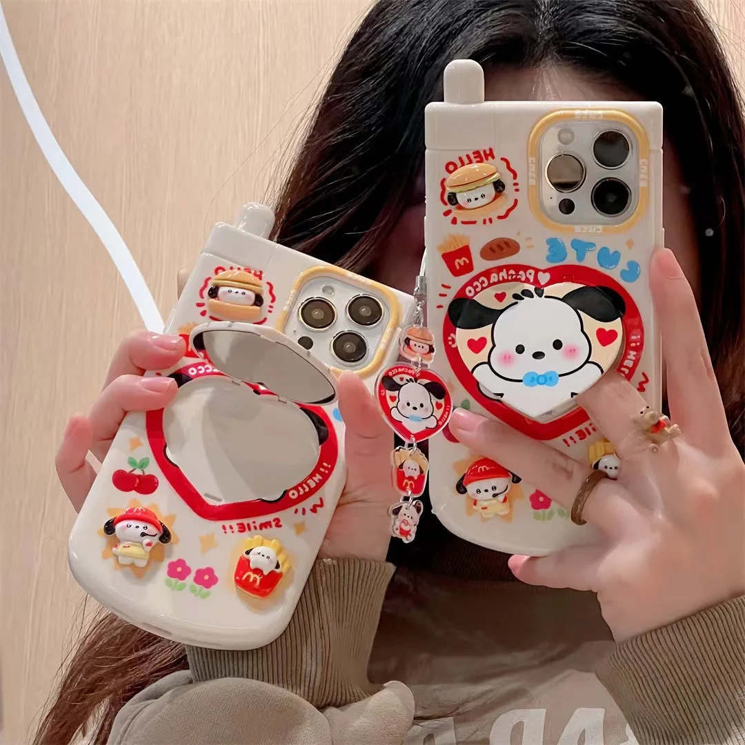 Fashion Mobile Phone Anime Cartoon Cute Pachacco Mirror bracket phone case for iphone 13 14 12 15 Pro Max 11 16 Pro lovely Cover