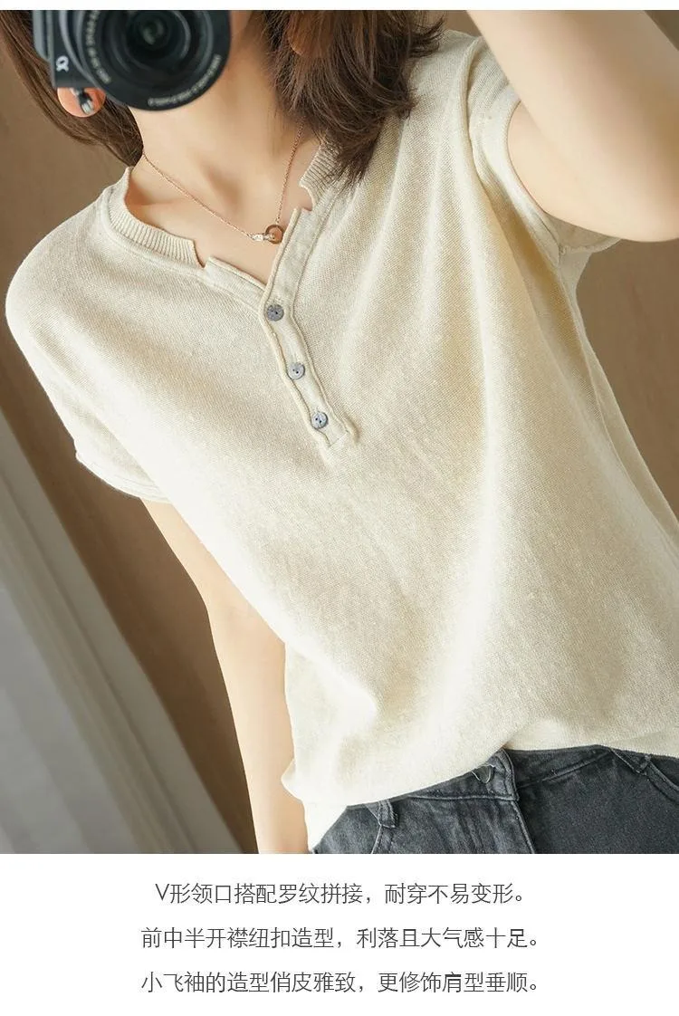 

LDZWSM 100% pure cotton V-neck short sleeved T-shirt for women's summer loose cotton linen breathable knitted half sleeved top