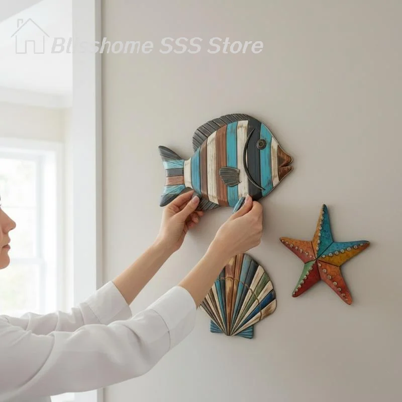 【S】3Pcs/set Colorful Wooden Ocean Art Sea Fish Shells Starfish Vintage Rustic Style Farmhouse Aesthetic Design Style Decor