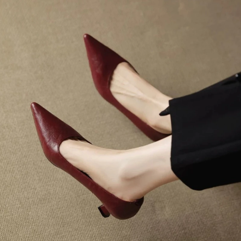 

2026 New Women's Cow Leather Pointed Toe Slip-on Pumps High Quality Soft Comfortable Elegant Ladies Thin High Heel Slim Shoes