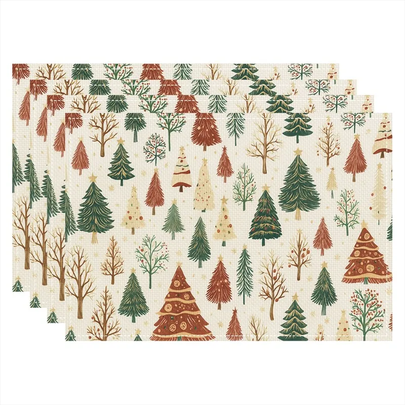 VIKAMA Linen Placemats Hello Christmas Snowy Trees, Red White, Stain Resistant Easy to Clean, Dining Table Holiday Decor