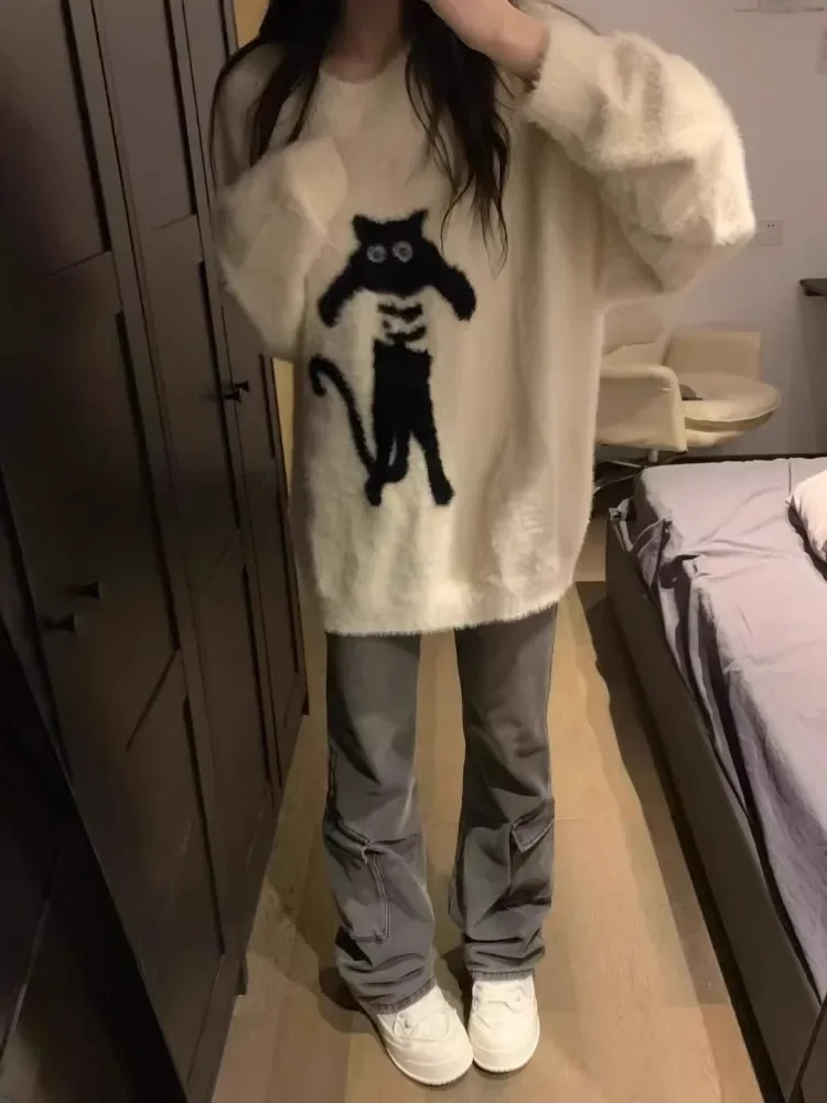 Kawaii Kitty Jacquard Sweater Women Harajuku Knitted Tops Grunge Pull Femme Japanese Y2k Aesthetic Oversized All Match Pullover