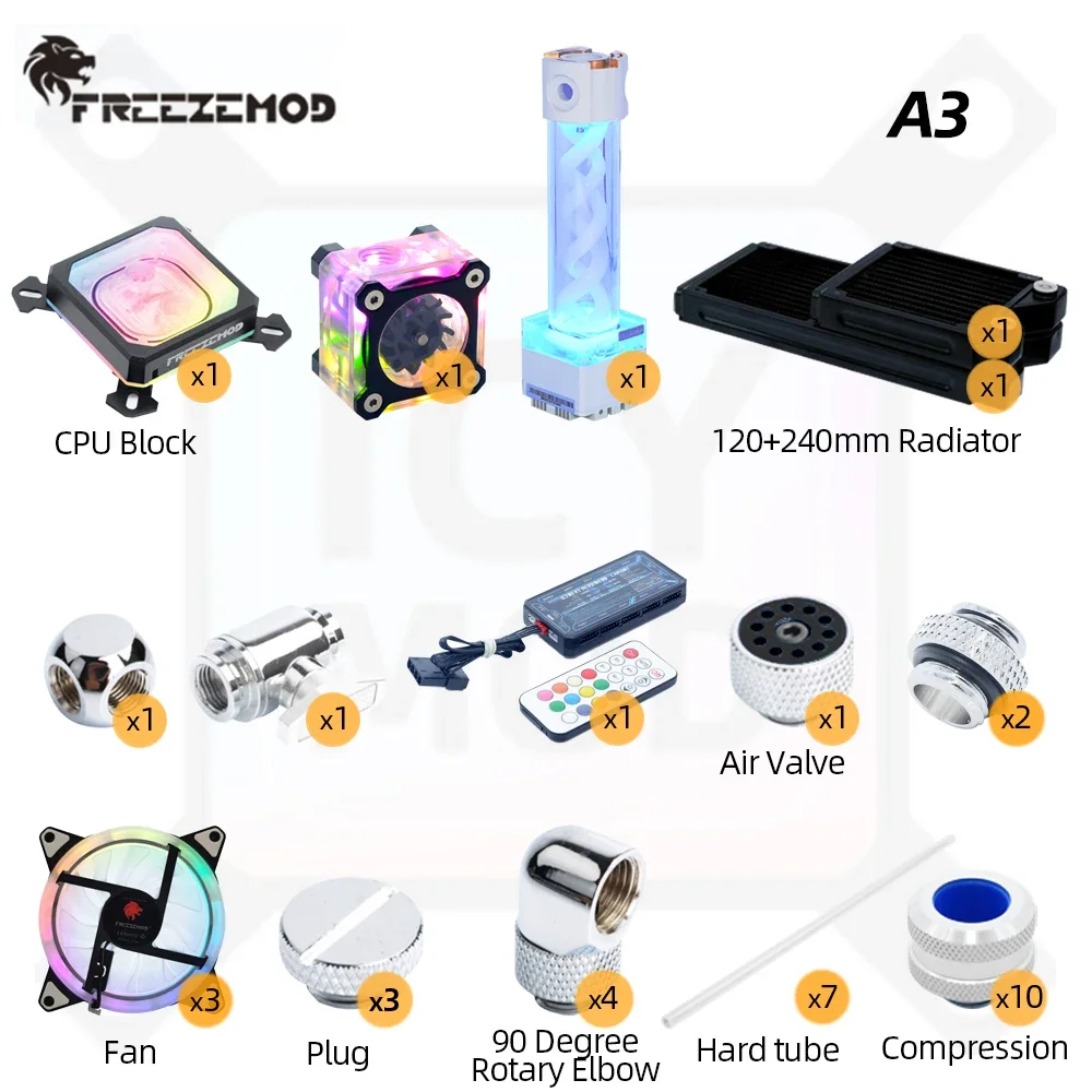 Freezemod Hard Tube Water Cooling Kit PC Liquid Cooler Set Copper Radiator CPU Cooler PETG Pipe AIO Reservoir ARGB Aluminum MOD