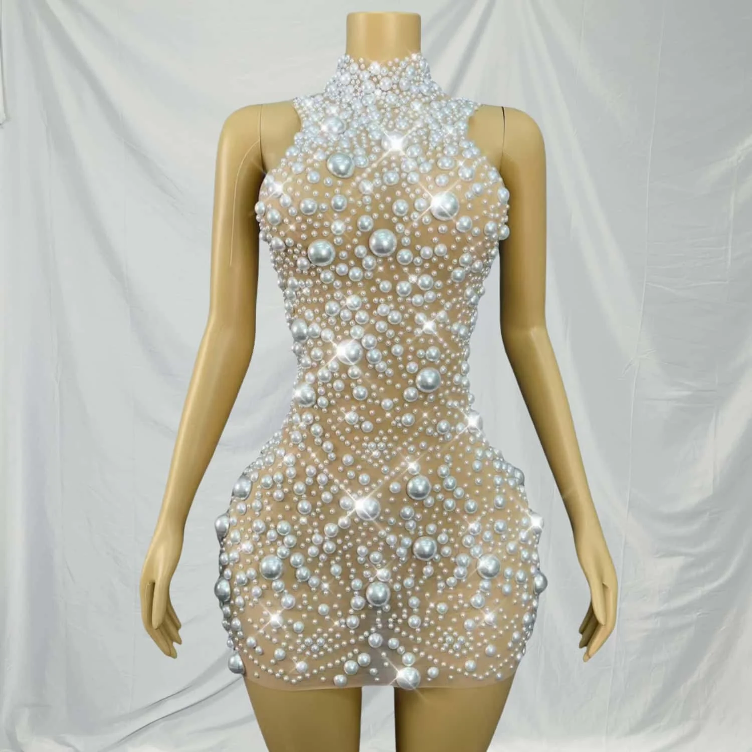 Dazhu Błyszcząca Sukienka Wieczorowa z Czystych Białych Pereł, Elegancka Suknia Balowa, Seksowna Sukienka z Siateczki, Dopasowana Sukienka na Imprezę, Sukienka na Czerwony Dywan, Modne Stroje Pokazowe
