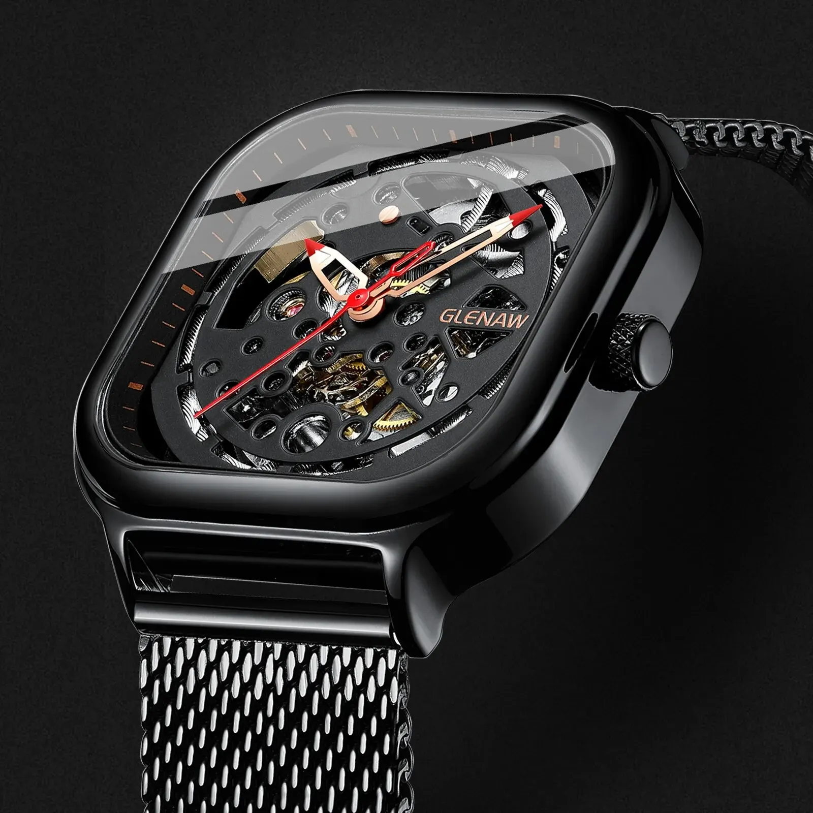 ساعة GLENAW ساعة ميكانيكية أوتوماتيكية بتصميم أجوف ساعة فاخرة مقاومة للماء من الفولاذ المقاوم للصدأ ساعة رجالية