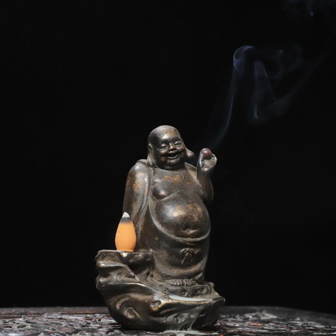 Old Bronze Cinnabar Maitreya Buddha Standing Buddha Backflow incense Amitabha Incense Burner incense holder Study screen