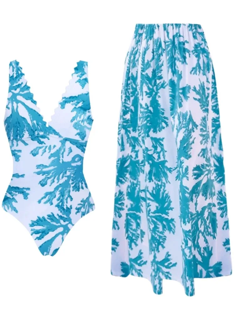 Retro Bikini Printed Fashion Two Piece Swimsuit And Cover Up With Skirt Tight Women's Bandage Summer Beach Luxury Elegant