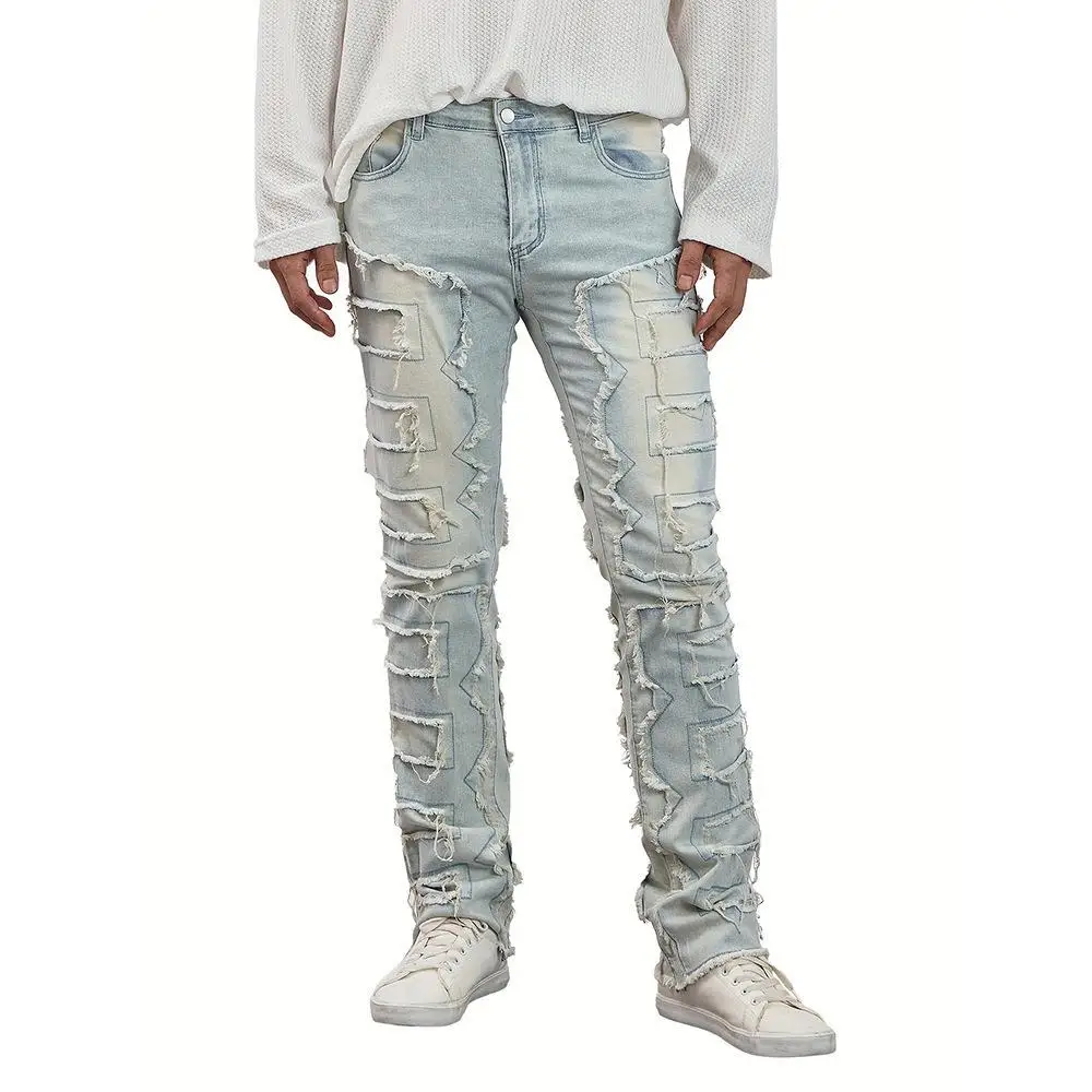 

Fashionable Stretch Denim Jeans Elastic Patch Layered Straight Leg Long Trousers Natural Waist Cotton Casual Black Women's Jeans