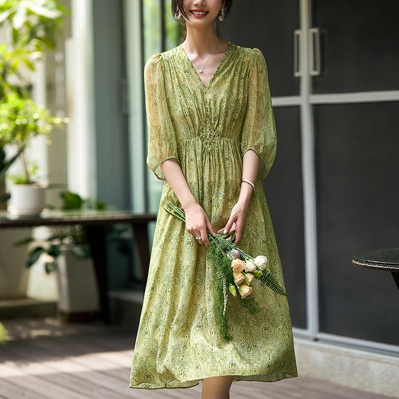 

100% Real Silk Elegant Chic Dresses for Women 2026 Summer V-neck Diamonds Vintage High Waist Print Women's Long Dress A-line