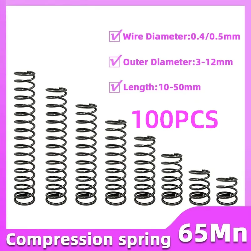 100PCS Compression Spring Wire Diameter 0.4/0.5mm Return Spring Steel Pressure Springs Tool OD 3mm-12mm Length 10mm-50mm